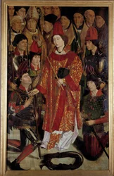 Heiliger Vinzenz, Schutzpatron von Lissabon Polyptychon des Heiligen Vinzenz von Zaragoza, umgeben von Bischöfen und Rittern. Gemälde zugeschrieben Nuno Goncalves oder Gonzalvez (15. Jahrhundert) Nationalmuseum für Alte Kunst, Lissabon.