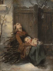Mittellose tote Mutter, die ihr schlafendes Kind im Winter hält, ca. 1850