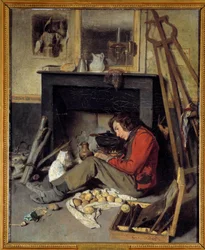 Atelierinterieur Ein Maler in der Nähe seines Kamins. Gemälde von Octave Tassaert (1800-1874) 1845