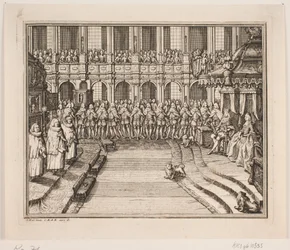 König Frederik V und Königin Louise während der Krönungszeremonie in der Schlosskirche von Frederiksborg. Illustration zur Krönungsakte von Frederik IV