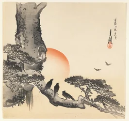 Krähen auf einem Baumstamm, Meiji-Periode