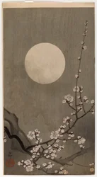 Blühender Pflaumenbaum und Mond (Farbholzschnitt)