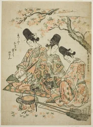 Parodie der Palastdiener, die Ahornblätter verbrennen, um Sake zu erhitzen, aus "Die Geschichte von Heike"