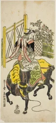 Der Schauspieler Sanogawa Ichimatsu I als Kumenosuke im Stück "Nanohana Akebono Soga," aufgeführt im Nakamura-Theater im zweiten Monat, 1741