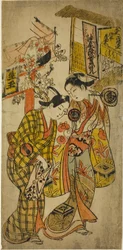 Die Schauspieler Sanjo Kantaro II als Osome und Ichikawa Monnosuke als Hisamatsu im Stück "Osome Hisamatsu Tamoto no Shiro Shibori," aufgeführt im Morita-Theater, 1720