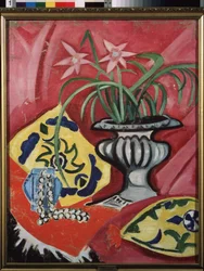 Stillleben mit einer Vase. Gemälde von Olga Rozanova (1886-1918), Öl auf Leinwand