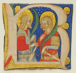 Manuskriptblatt mit einer illuminierten Initiale R mit St. Protasius..., Mitte des 15. Jahrhunderts