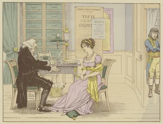 Meister Raguideau, Notar der Witwe Beauharnais, sagt zu ihr, ohne zu wissen, dass er belauscht wird: Du! Heirate diesen kleinen Bonaparte, einen Soldaten, der nichts als einen Umhang und ein Schwert hat., 9. März 1796 (Farblithografie)