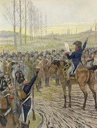 Die Worte Napoleons werden einigen seiner Truppen während des Feldzugs am Rhein, 1805, vorgelesen