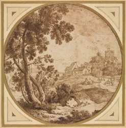 Landschaft mit Gebäuden und Figuren