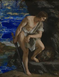 David betrachtet den Kopf von Goliath
