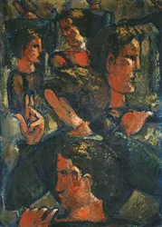 Gruppe von Figuren mit erhobener Hand