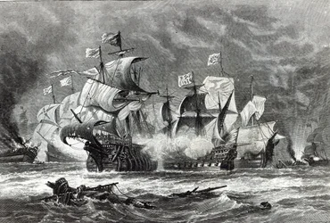 Die Vanguard, unter Sir William Winter, im Kampf gegen die Spanische Armada, aus 