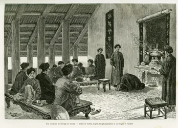Eine Hochzeitszeremonie in Tonkin. Gravur von Tofani zur Illustration der Geschichte Trente mois au Tonkin, 1884, von Dr. Paul Hocquard, in Le Tour du monde 1890, unter der Leitung von Edouard Charton (1807-1890), Hachette, Paris.