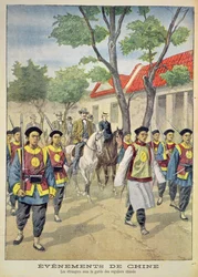 Europäische Ausländer unter bewaffneter Eskorte durch chinesische reguläre Soldaten während des Boxeraufstands von 1899-1901, Illustration aus 