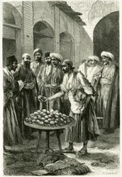 Der Fischhändler in Kachan (oder Kashan, in der Provinz Teheran, heutiges Iran). Gravur von Tofani, nach einem Foto, zur Illustration der Geschichte „Persien, Chaldäa und Susiane“ 1881-1882, von Jane Dieulafoy (geb. Magre)