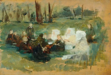 Kindergruppe mit drei weißgekleideten Nonnen und einem Geistlichen auf einer Waldwiese in der Sonne