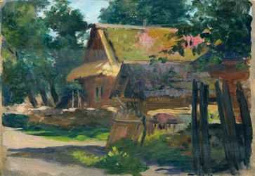 Zwei strohgedeckte Bauernhütten