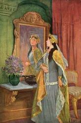 „Spieglein, Spieglein an der Wand, wer ist die Schönste im ganzen Land?“, Illustration aus Grimms Märchen „Schneewittchen und die sieben Zwerge“, ca. 1900