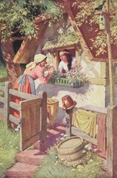Die böse Königin bietet, als alte Frau verkleidet, Schneewittchen den vergifteten Apfel an, Illustration zu Grimms Märchen „Schneewittchen und die sieben Zwerge“, um 1900