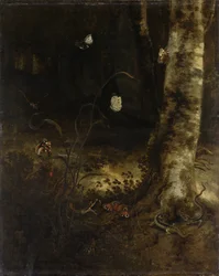 Waldboden mit einer Schlange, Eidechsen, Schmetterlingen und anderen Insekten