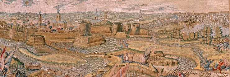 Flandrischer Wandteppich. Serie Triumphe und Schlachten von Erzherzog Albrecht. Angriff und Eroberung des befestigten Schlachtfeldes von Hulst. Sechster Wandteppich in der Serie. Modell Otto van Veen und Hans I Snellinck. Herstellung Martin Reynbouts, Brüs