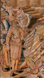 Flandrischer Wandteppich. Serie Triumphe und Schlachten von Erzherzog Albrecht. Angriff auf die Stadt Calais. Zweiter Wandteppich in der Serie. Modell Otto van Veen und Hans I Snellinck. Herstellung Martin Reynbouts, Brüssel.