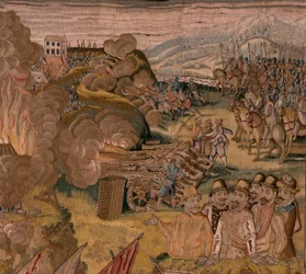 Flämischer Wandteppich. Serie Triumphe und Schlachten von Erzherzog Albrecht. Nachtangriff auf Ardres oder Eroberung der Unterstadt von Ardres. Dritter Wandteppich der Serie. Modell Otto van Veen und Hans I Snell
