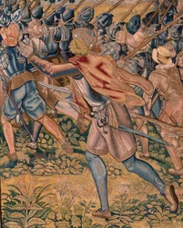 Flämischer Wandteppich. Serie Triumphe und Schlachten des Erzherzogs Albrecht. Nachtangriff auf Ardres oder Eroberung der Unterstadt von Ardres. Dritter Wandteppich der Serie. Modell Otto van Veen und Hans I Snell