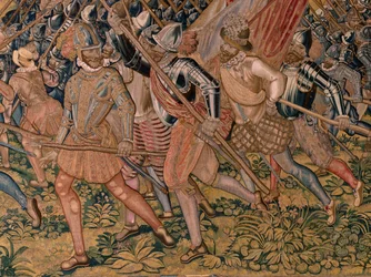 Flemischer Wandteppich. Serie Triumphe und Schlachten des Erzherzogs Albrecht. Nachtangriff auf Ardres oder Eroberung der Unterstadt von Ardres. Dritter Wandteppich in der Serie. Modell Otto van Veen und Hans I Snellinck.