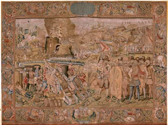 Triumphe und Schlachten des Erzherzogs Albrecht. Die Eroberung der Stadt Hulst. Siebter Wandteppich der Serie.