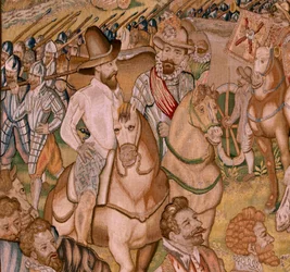 Flämischer Wandteppich. Serie Triumphe und Schlachten von Erzherzog Albrecht. Der Rückzug der Garnison von Ardres nach Frankreich. Vierter Wandteppich der Serie. Modell Otto van Veen und Hans I Snellinck. Herstellung Martin Reynbouts, Brüssel