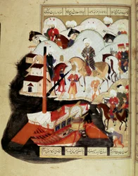 Osmanisches Reich: Sultan Murad III. (1574-1595) besucht den Hafen von Konstantinopel. Manuskript-Miniatur ms. FY 1404 „Sehinsahname“ (oder Shahinshah-nameh, Shahinshah nama, Shahinshah nameh) „Die Geschichte der Könige der Könige“ Gedicht