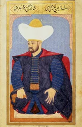 Porträt des Sultans des Osmanischen Reiches Murad I, Miniatur aus dem Manuskript Human Physiognomy von Seyyid Lokman Hussein
