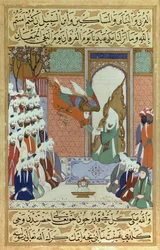 Der Erzengel Gabriel offenbart die 8. Sure, Kapitel des Korans, eine Miniatur Muhammad aus „Siyari Nabi“ (Leben des Propheten)