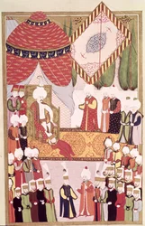 Die Krönung von Sultan Selim I. (1466-1520) aus dem „Hünername“ von Lokman