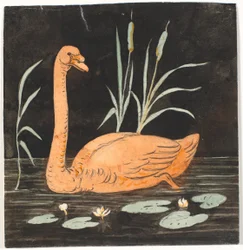 Ein Schwan vor schwarzem Hintergrund. Dekorativer Entwurf.