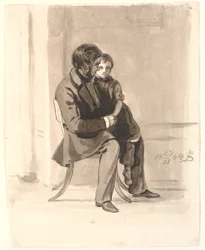 Johan Thomas Lundbye mit Olympia Freund auf dem Schoß