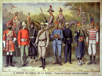 Englische Kolonialarmeen in ihren jeweiligen Uniformen zur Feier des Jubiläums von Königin Victoria, 21. Juni 1883, Illustration aus 