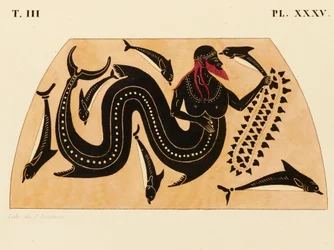 Druck der Dekoration auf einer griechischen Amphore, Poseidon begleitet von Delfinen, ca. 1858