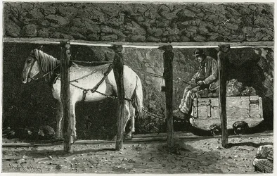 Innenansicht einer Galerie mit Berlaine. Gravur von Ferat zur Illustration der Geschichte „Belgien“ von Camille Lemonnier (1844-1913), belgischer Schriftsteller. Veröffentlicht in Le Tour du monde, nouveau journal des voyages, 2. Halbjahr 1884, herausgegeb