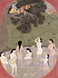 Krishna mit den Kleidern der Kuhmädchen, Tehri-Garhwal, ca. 1820-30