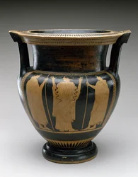 Rotfiguriger Säulenkrater mit Szene einer Frau und zwei Jugendlichen, 480-460 v. Chr.