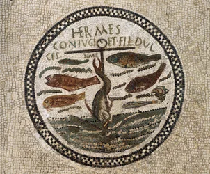 Mosaik mit Anker, umgeben von Fischen, Symbol für Christus und seine Anhänger, Katakomben von Sousse, Tunesien, frühchristliche Periode, 4. Jahrhundert