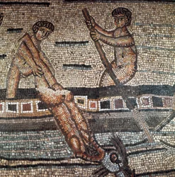 Szene aus dem Leben des Jonas, dargestellt von einem Fisch verschluckt (Detail). Mosaik aus dem 5. oder 6. Jahrhundert. Kathedrale von Aquileia, Italien