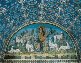 Der gute Hirte, Mosaik des Tympanons über der Eingangstür des Mausoleums von Galla Placidia, ca. 425