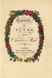 Kalligrafische Titelseite innerhalb eines Blumenkranzes aus Rosen, Tulpen und anderen Blumen