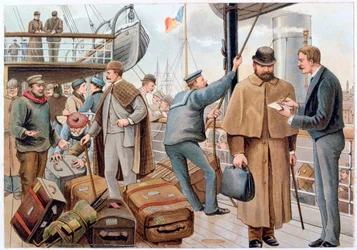 Passagiere steigen auf ein P&O-Schiff in der Themse, ca. 1890