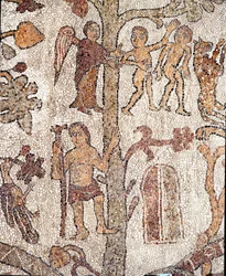 Adam und Eva vertreiben aus dem Paradies. Mosaik von Pantaleone, Priester und Mosaist. 1163-1166. Mittelschiff der Kathedrale von Otranto