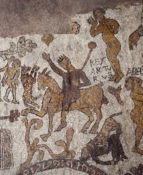 Darstellung von König Artus und Perceval. Mosaik von Pantaleone, Priester und Mosaizist. 1163-1166. Mittelschiff der Kathedrale von Otranto (Otranto), Italien